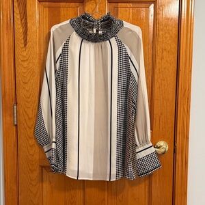 Donna Karan Black and White Smocked-Neck Blouse